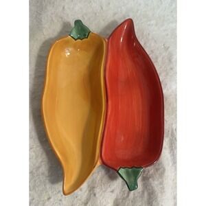 Clay Art Caliente Double Chili Pepper Divided Dish / Chip & Dip Bowl Fiesta